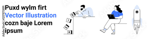 Text elements, man arranging blocks labeled RISK, woman using laptop, rocket symbolizing growth, leadership, innovation, technology integration, risk management, startup success, and business