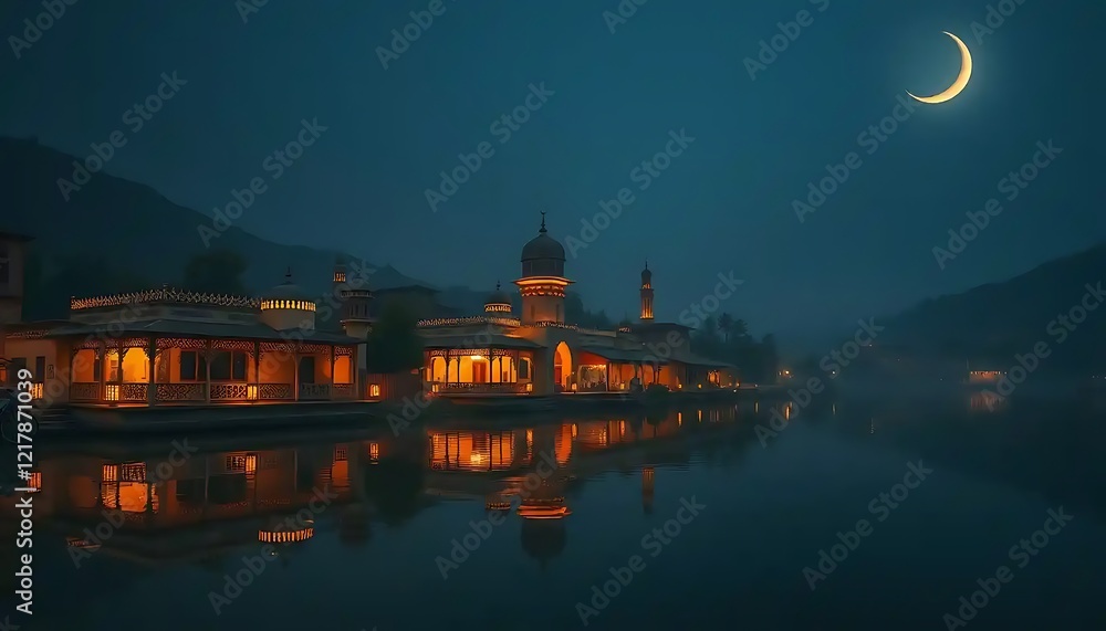 Fototapeta premium Illuminated Mosque Lakeside Night Crescent Moon