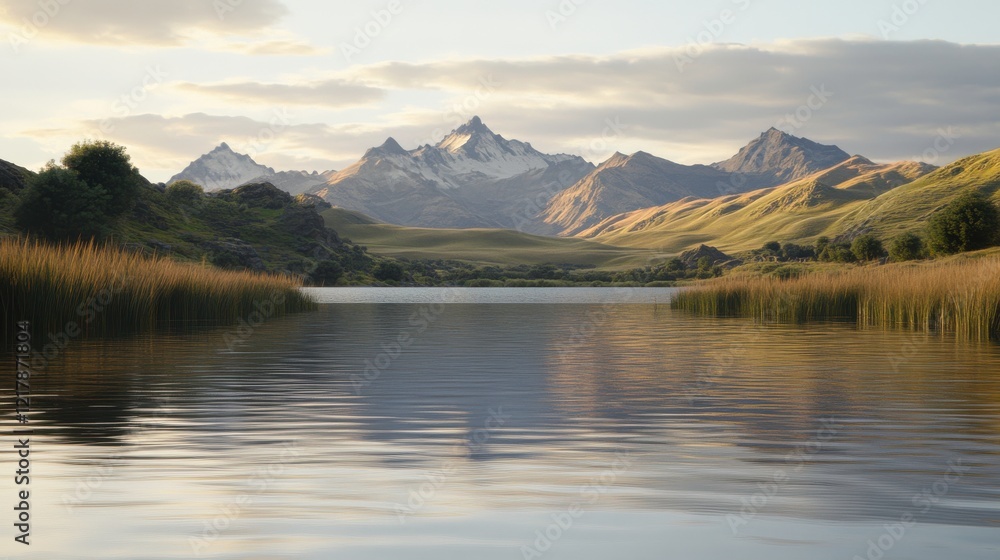 Naklejka premium Serene Lake Reflections with Mountains in Twilight Light