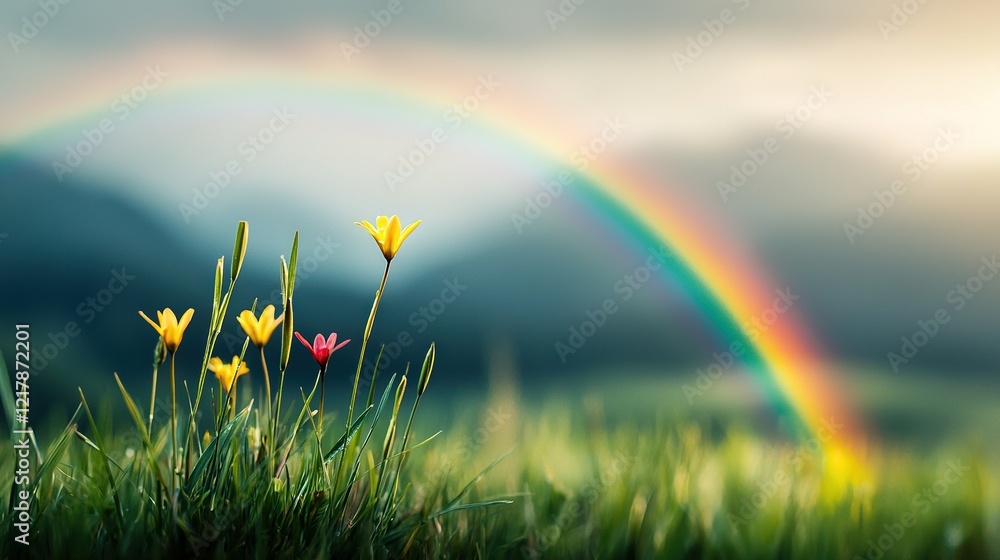 Naklejka premium Rainbow in the sky above a field of green with colorful foreground flowers and a rainbow backdrop