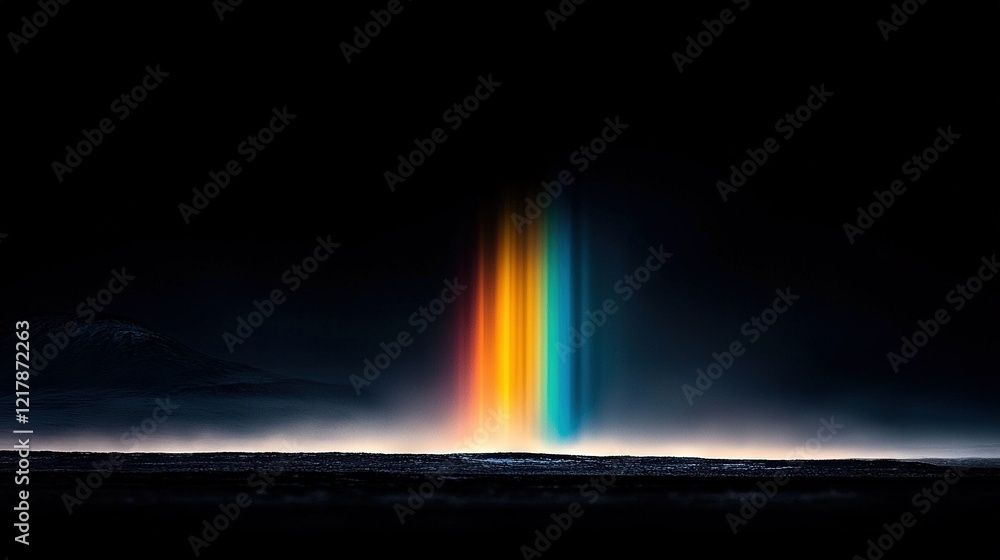 Naklejka premium An image featuring a dark backdrop with a vibrant rainbow band in the center, while a distant mountain range with misty clouds in the foreground is visible