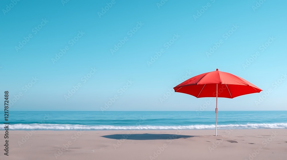 Red Umbrella on Sandy Beach Under a Vivid Blue Sky Red Umbrella on Sandy Beach Under a Vivid Blue Sky