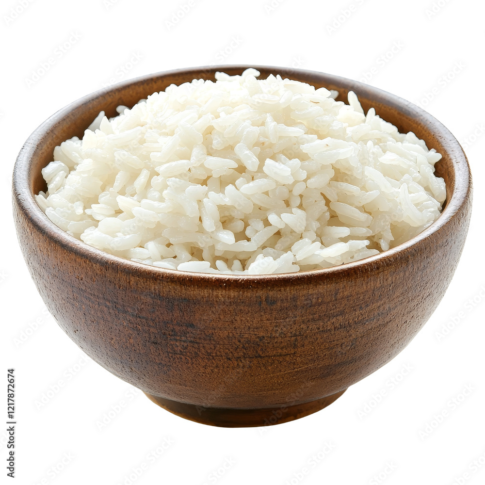 A wooden bowl filled with fluffy transparent rice against a clean transparent background, bowl full of rice on transparent background A wooden bowl filled with fluffy transparent rice against a clean transparent background, bowl full of rice on transparent background