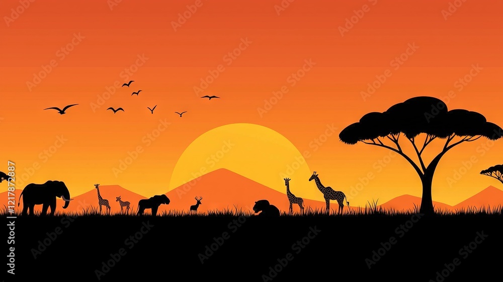 Giraffes and zebras silhouette on orange sky during sunset Giraffes and zebras silhouette on orange sky during sunset