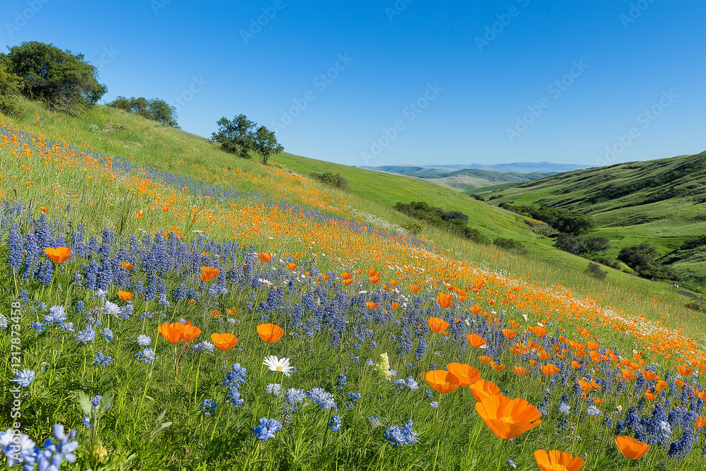 Fototapeta premium Wide view of a hillside with blooming wildflowers—daisies, bluebells, and poppies—under a bright blue sky. Ideal for advertising or banners with negative space for text overlays.