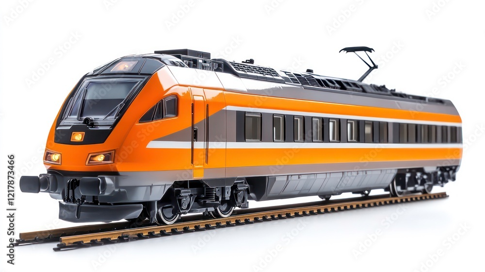 Naklejka premium Modern passenger train in orange and gray, isolated on white background.