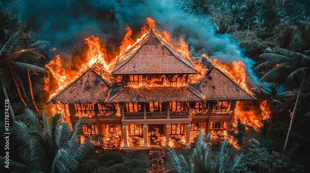 Aerial view of suburban houses engulfed in wildfire flames symbolizing chaos destruction and environmental crisis in a minimalistic bright tone with modern blurred empty blank caption space on the sid Aerial view of suburban houses engulfed in wildfire flames symbolizing chaos destruction and environmental crisis in a minimalistic bright tone with modern blurred empty blank caption space on the sid