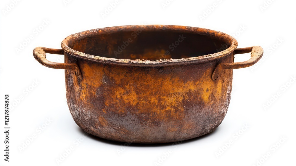 Old rusty metal pot on white background, aged cooking utensil. Old rusty metal pot on white background, aged cooking utensil.