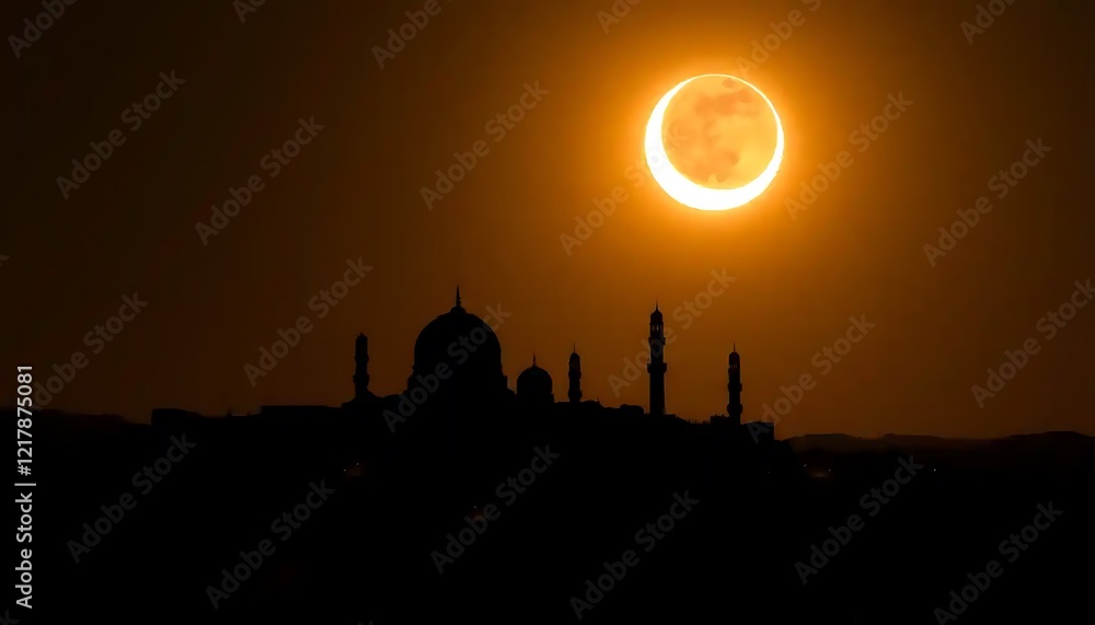 Obraz premium Mosque Silhouette Against Annular Solar Eclipse