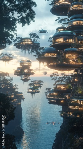 Floating illuminated houses and structures in a serene mystical and dreamlike waterscape landscape at twilight  The scene is surrounded by lush forests reflecting in the still waters