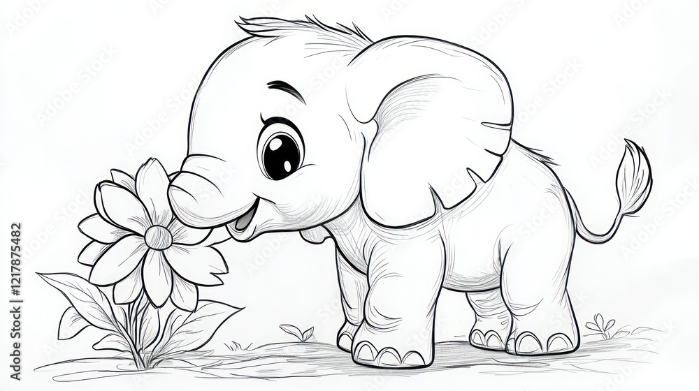 Cute baby elephant smelling flower, sketch, white background, coloring page Cute baby elephant smelling flower, sketch, white background, coloring page