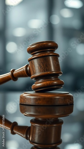 Vertical close-up of a wooden judge gavel on a reflective surface side view symbolizing judicial aut photo