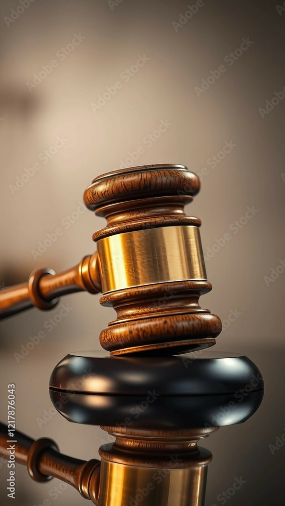Vertical close-up of a wooden judge gavel on a reflective surface side view symbolizing judicial aut Vertical close-up of a wooden judge gavel on a reflective surface side view symbolizing judicial aut