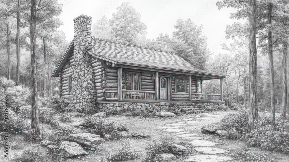 Rustic log cabin architectural drawing, forest setting, stone pathway, real estate design Rustic log cabin architectural drawing, forest setting, stone pathway, real estate design