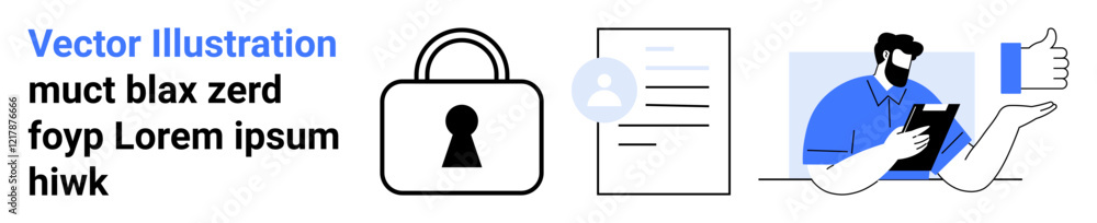 Padlock securing document, user profile icon overlay, person using smartphone with thumbs up. Ideal for online security, privacy protection, data encryption, user authentication, digital Padlock securing document, user profile icon overlay, person using smartphone with thumbs up. Ideal for online security, privacy protection, data encryption, user authentication, digital