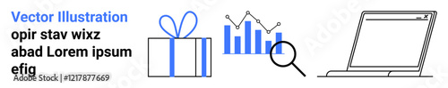 Magnifying glass examining bar chart, gift box with ribbon, and open laptop screen. Ideal for data analysis, presentations, business strategies, online shopping, rewards programs, marketing