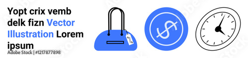 Blue handbag with tag, circular dollar coin, and clock icons with placeholder text. Ideal for e-commerce, finance, time management, marketing materials, websites presentations advertising. Landing