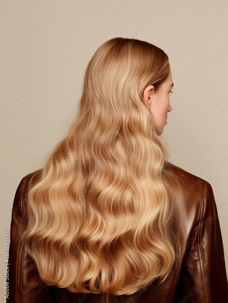 Fototapeta premium Woman with Long Blonde Wavy Hair Wearing Brown Leather Jacket