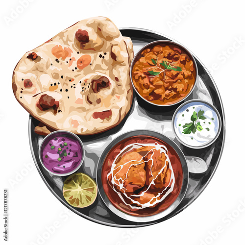 Indian Thali with Butter Naan, Curries, and Accompaniments