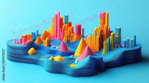 A dynamic 3D chart on a blue economic graph portrays the shifting tides of market data and financial performance across various sectors.