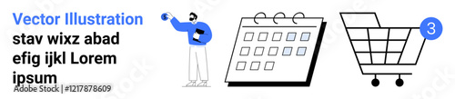 Hand-drawn man holding a sphere, a calendar with spiral binding, a shopping cart with the number 3. Ideal for e-commerce, scheduling, shopping, online stores, productivity, business, customer