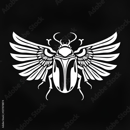 egyptian sacred Scarab wall art design. beetle with wings. Vector illustration white logo, personifying the god Khepri. Symbol of the ancient Egyptians. To be colored isolated on black background photo