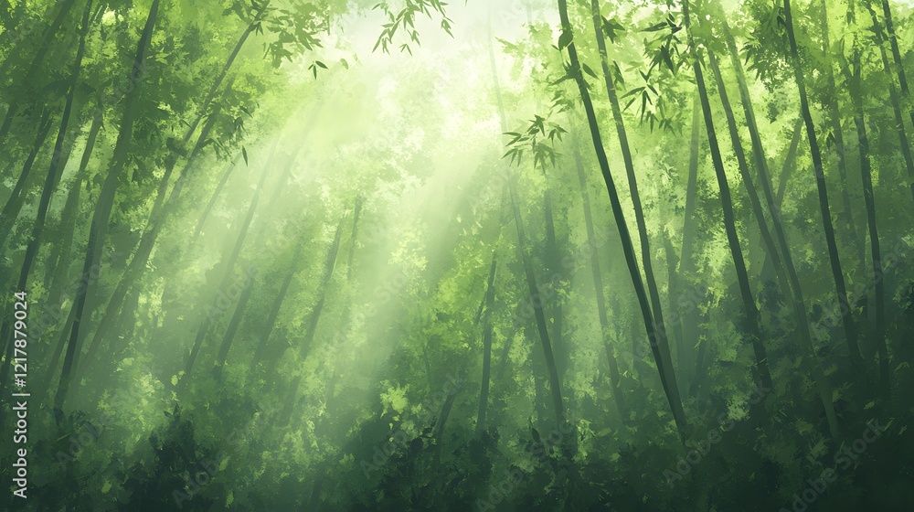 Naklejka premium Lush Green Bamboo Forest with Sunlight Streaming Through