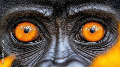 Deep within the heart of the jungle, a gorilla's face emerges. Its striking orange eyes capture the essence of the wild, revealing a complex emotional depth and vitality found in nature