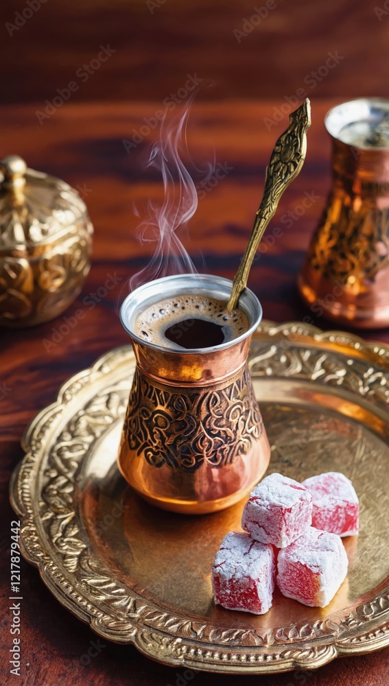 Aromatic Turkish Coffee in Ornate Copper Pot with Sweet Turkish Delight on Antique Gold Tray Aromatic Turkish Coffee in Ornate Copper Pot with Sweet Turkish Delight on Antique Gold Tray