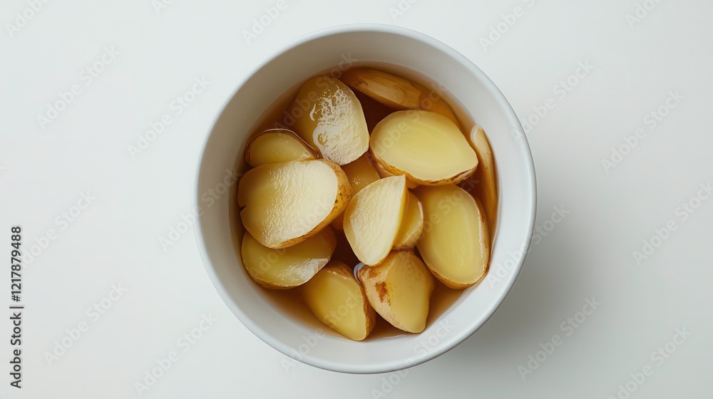 Pickled ginger in a white bowl, fully visible on a white background. Pickled ginger in a white bowl, fully visible on a white background.