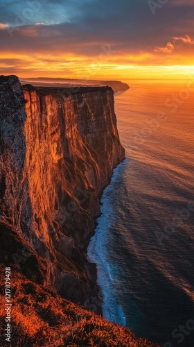 Towering seaside cliffs bathed in the warm glow of a dramatic sunset creating a breathtaking and serene coastal landscape  The rugged jagged rock formations plunge into the vast tranquil ocean