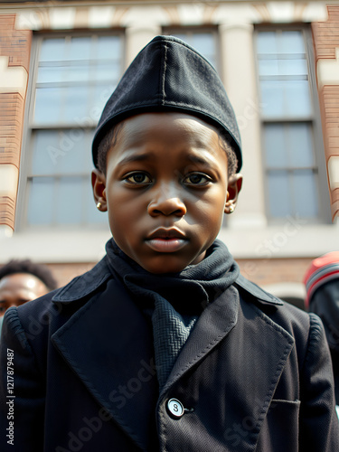 Black history civil rights inspiration storytelling. A young boy impersonating a civil rights leader, capturing a moment of historical significance. photo