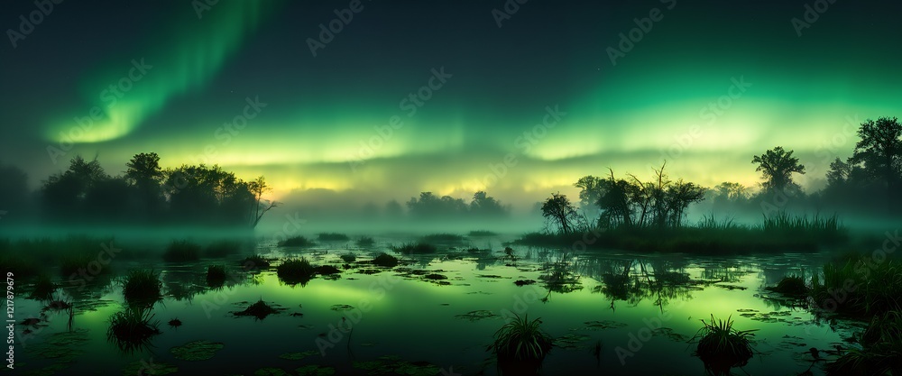 Obraz premium Northern lights glowing over a marshy expanse