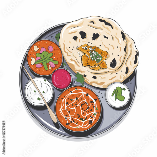 Indian Thali with Butter Naan, Curries, and Accompaniments