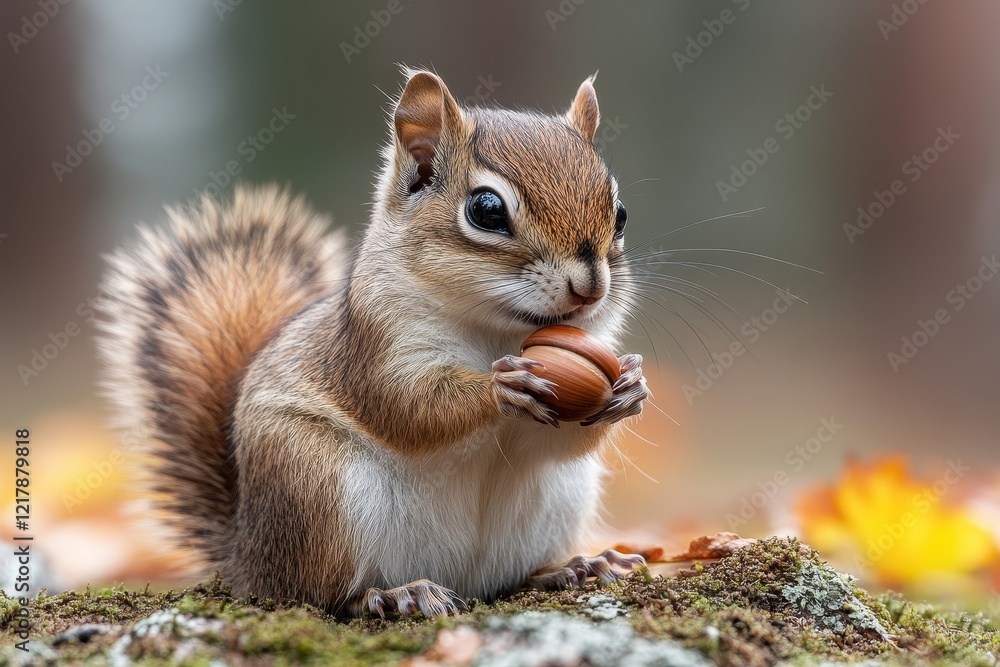 Obraz premium A cute squirrel holding an acorn amidst autumn leaves.