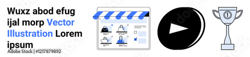E-commerce website layout with product images, text block, play button, and trophy icon. Ideal for online shopping, digital marketing, user engagement, product promotion, video tutorials success