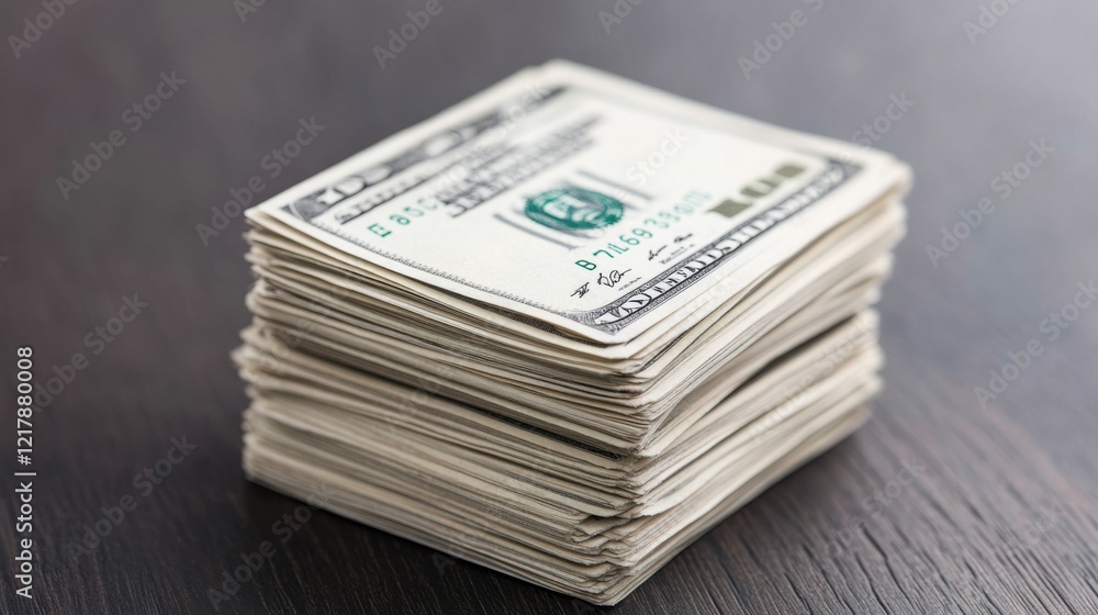 Stack of American Dollar Bills on a Wooden Table with a Focus on Currency and Financial Concepts Stack of American Dollar Bills on a Wooden Table with a Focus on Currency and Financial Concepts