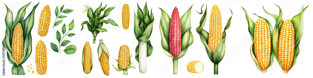 Obraz premium Fresh corn varieties with vibrant colors and green husks, isolated on transparent background.