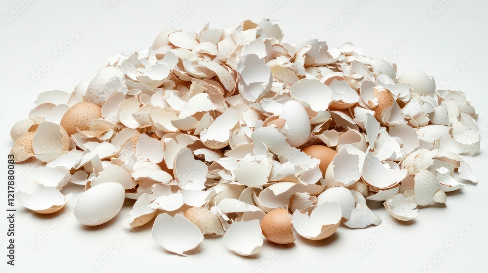 Pile of broken egg shells on a white background, food waste concept. Pile of broken egg shells on a white background, food waste concept.
