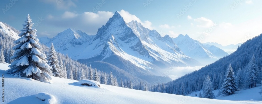 custom made wallpaper toronto digitalFrosty mountain landscape with snow-covered peaks and trees, snowfall, snowflakes, Chur