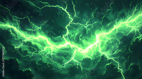 A stream of green lightning strikes straight from top to bottom anime illustration. Thunder Peaks. Illustration photo