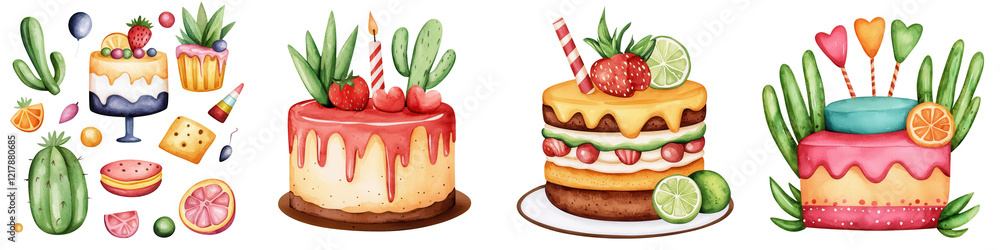 Naklejka premium Colorful cake toppers and desserts with fruits and cacti for celebrations, isolated on transparent background.