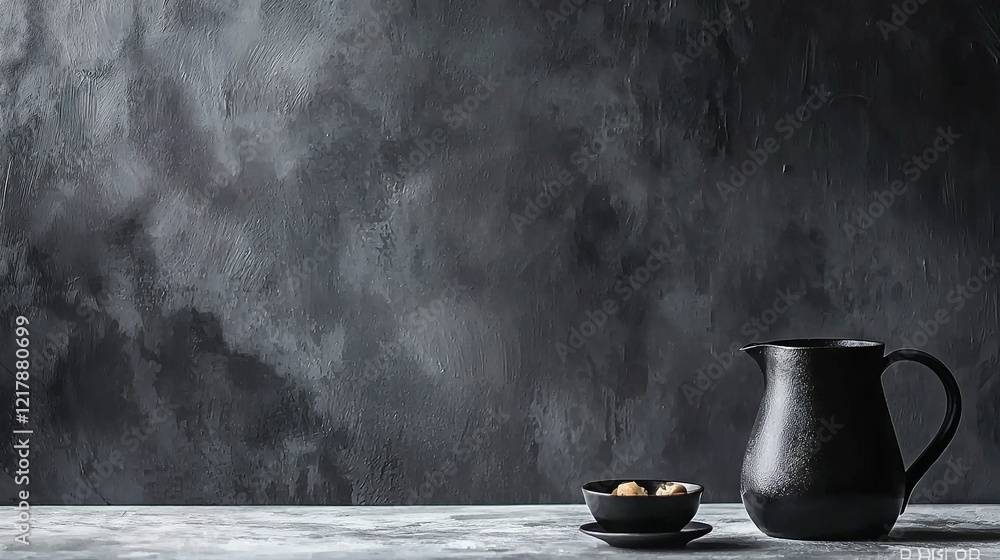 A black pitcher rests beside a dish on a gray-covered table, with a dark wall behind it A black pitcher rests beside a dish on a gray-covered table, with a dark wall behind it