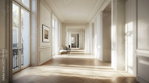 dans un appartement parisien bourgeois un long couloir blanc
