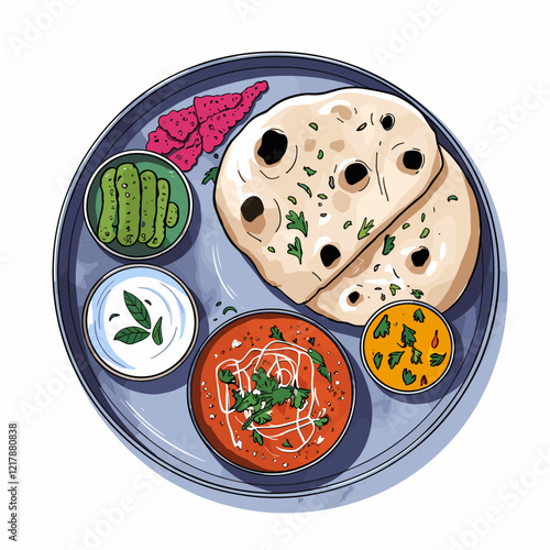 Indian Thali with Butter Naan, Curries, and Accompaniments