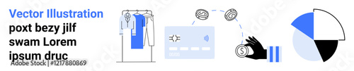 Clothing rack with blue dress, credit card, currency symbols, hand receiving money, and segmented pie chart. Ideal for online shopping, finance, money transfer, marketing reports fashion retail