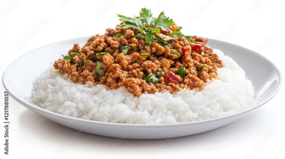Plate of white rice topped with minced meat and sauce, garnished with herbs, on a white background Plate of white rice topped with minced meat and sauce, garnished with herbs, on a white background