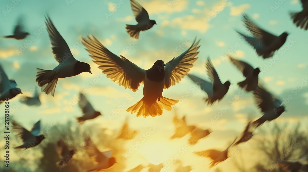 Fototapeta premium Birds flying in sky, close-up of vibrant wings in motion, soft sky and clouds