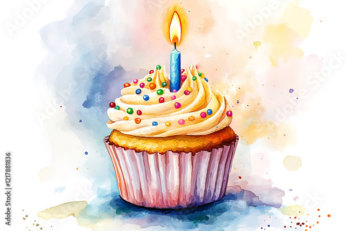 A colorful cupcake with a candle, symbolizing celebration and joy.