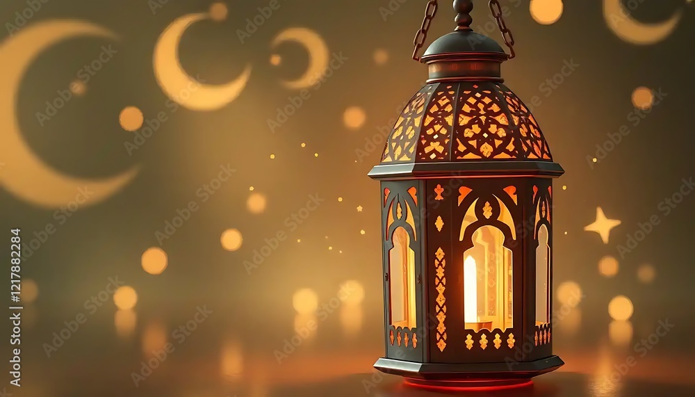 Obraz premium Illuminated Lantern with Intricate Design and Crescent Moons